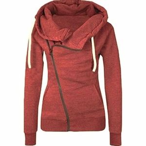 Womens Deep Red Cotton Asymmetrical Zipper Hoodie